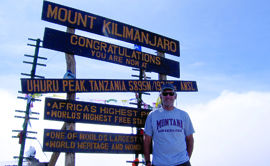 Pat Wilson ’81, Bozeman, took his Griz gear to the summit of Mount Kilimanjaro, Africa’s highest peak, in August 2014. 